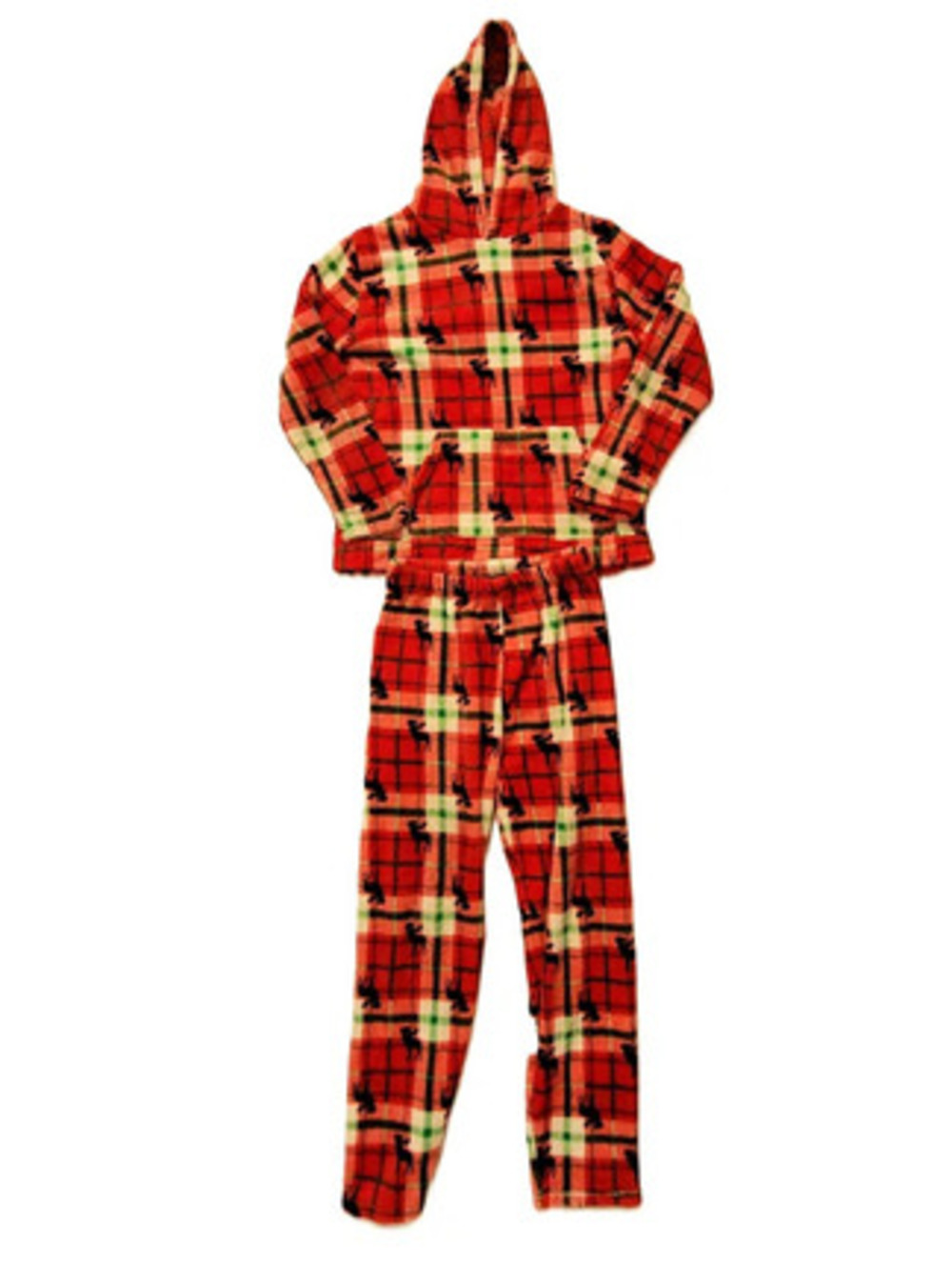 Women's Small Red Plaid Moose Fleece Pajama Set Hoodie Pants Christmas